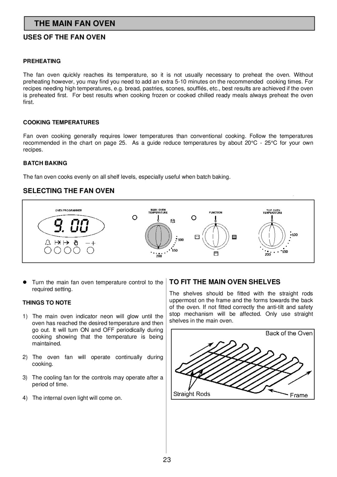 Tricity Bendix TBD913 Main FAN Oven, Uses of the FAN Oven, Selecting the FAN Oven, To FIT the Main Oven Shelves 