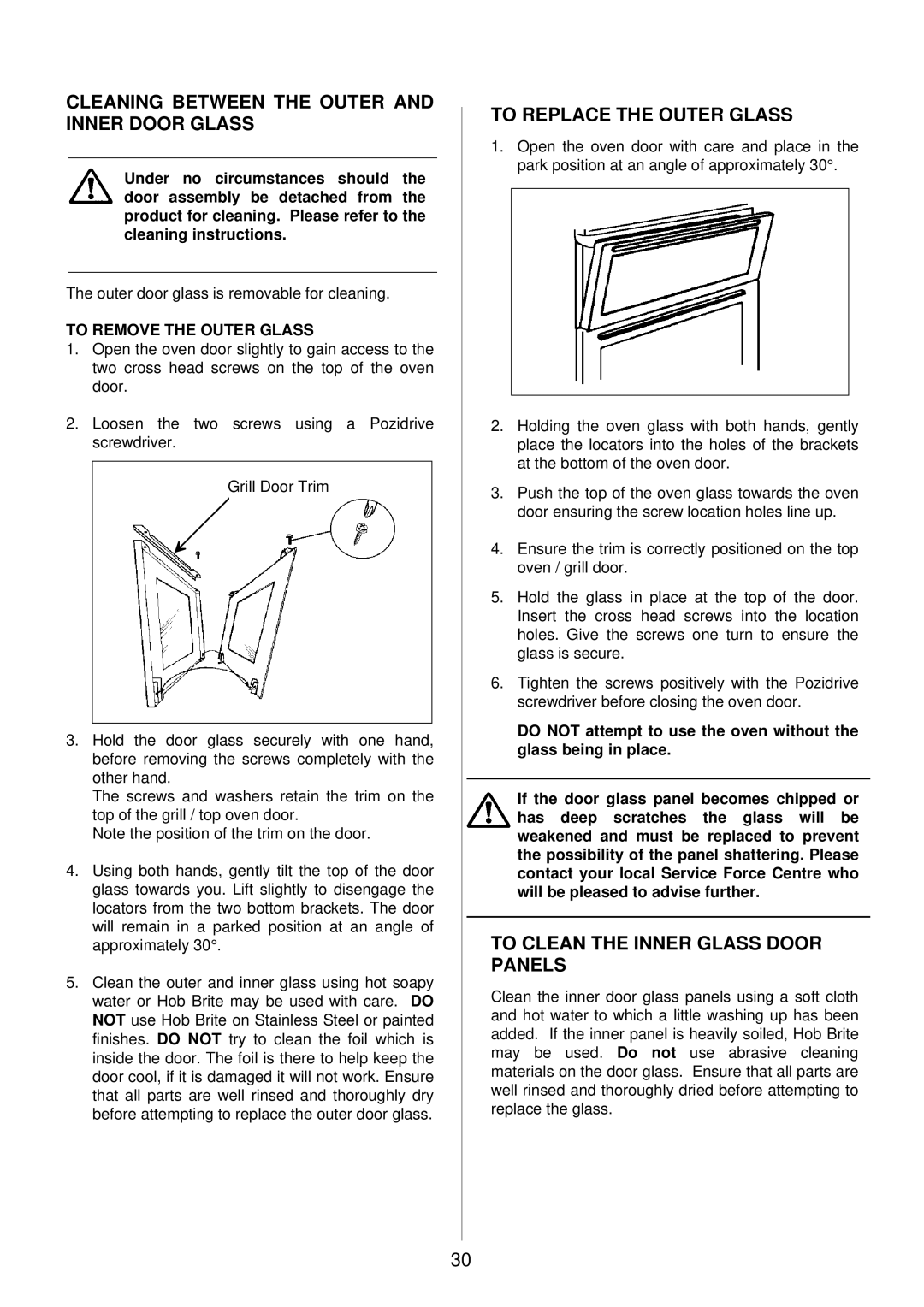 Tricity Bendix TBD913 installation instructions Cleaning Between the Outer and Inner Door Glass, To Replace the Outer Glass 