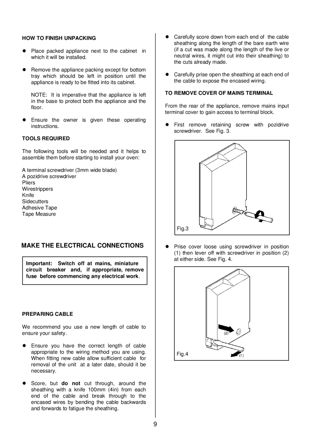 Tricity Bendix TBD913 Make the Electrical Connections, HOW to Finish Unpacking, Tools Required, Preparing Cable 