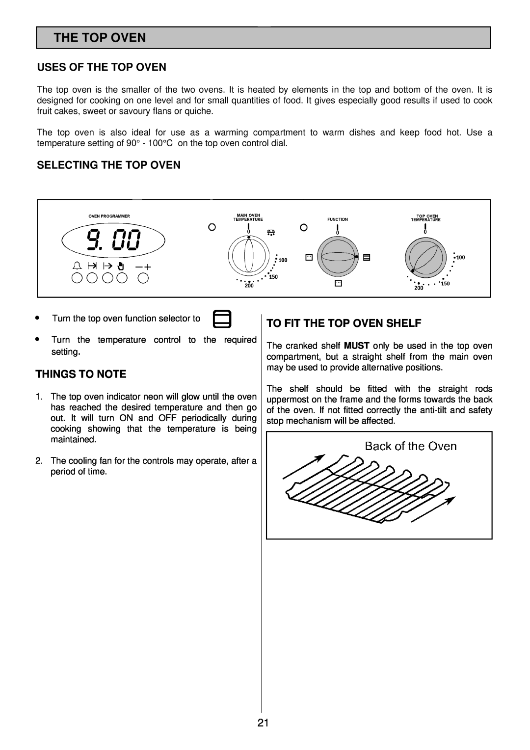 Tricity Bendix TBD913 Uses Of The Top Oven, Selecting The Top Oven, To Fit The Top Oven Shelf, Things To Note 