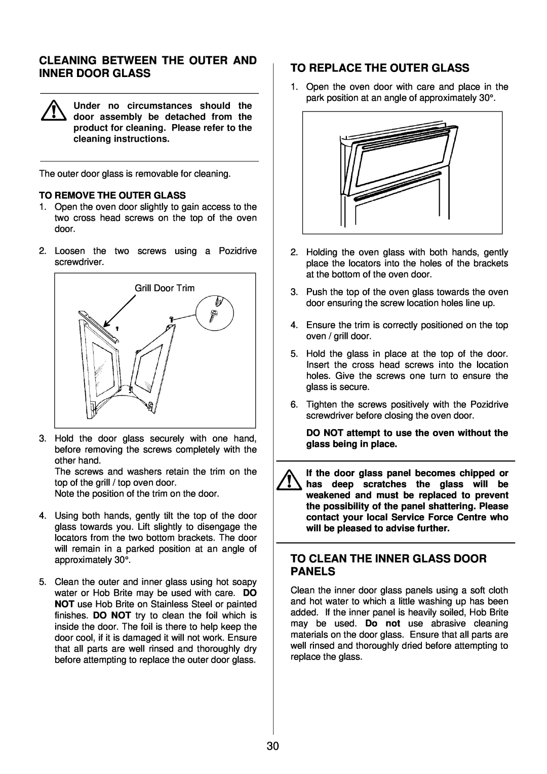 Tricity Bendix TBD913 installation instructions Cleaning Between The Outer And Inner Door Glass, To Replace The Outer Glass 