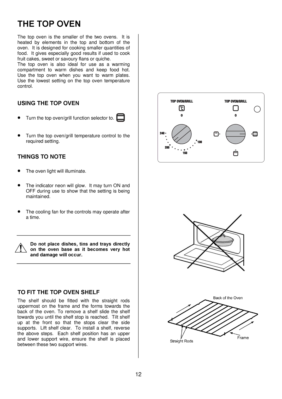 Tricity Bendix TBD950 installation instructions Using the TOP Oven, To FIT the TOP Oven Shelf 