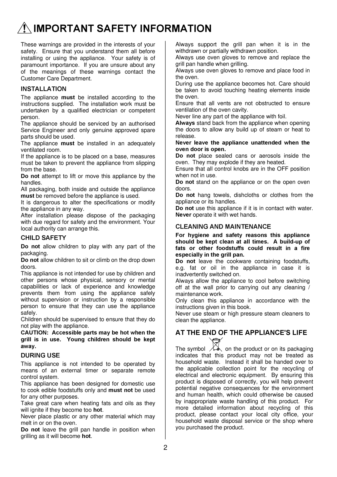 Tricity Bendix TBD950 installation instructions Important Safety Information, AT the END of the Appliances Life 