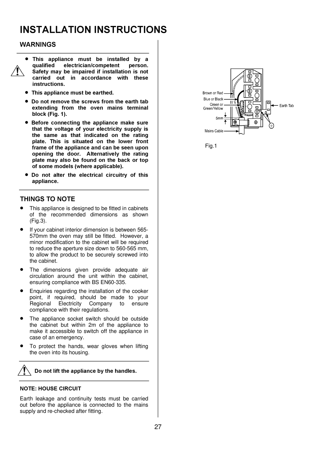 Tricity Bendix TBD950 installation instructions Installation Instructions, Do not lift the appliance by the handles 