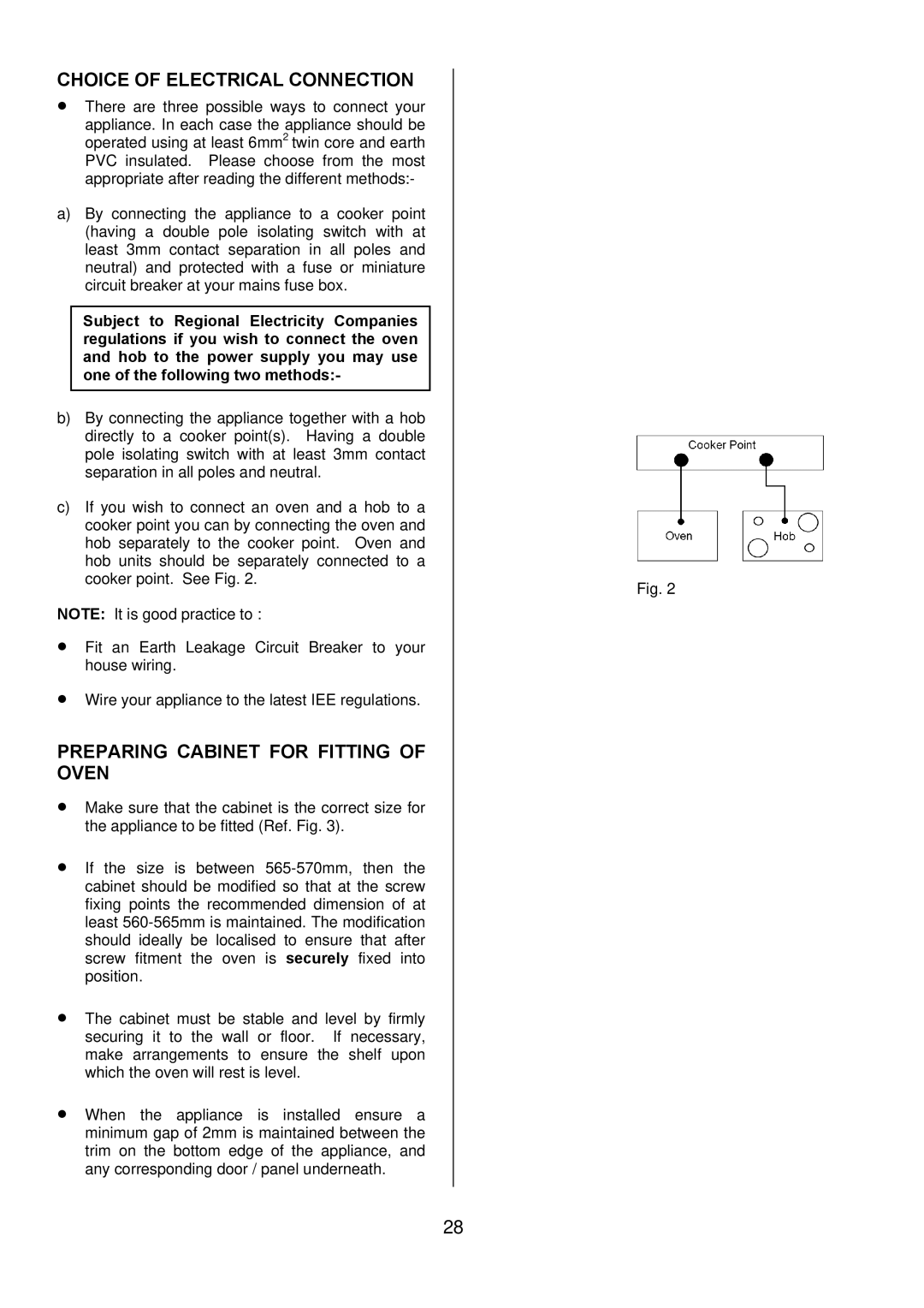 Tricity Bendix TBD950 installation instructions Choice of Electrical Connection, Preparing Cabinet for Fitting of Oven 