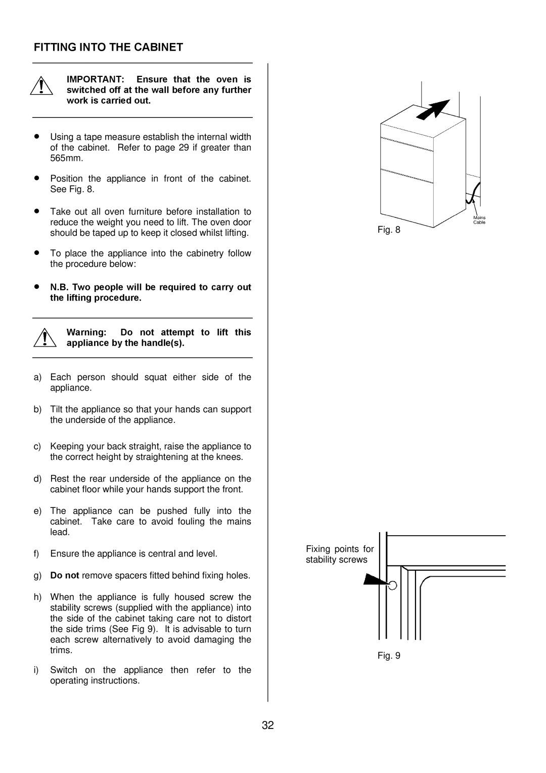 Tricity Bendix TBD950 installation instructions Fitting Into the Cabinet 