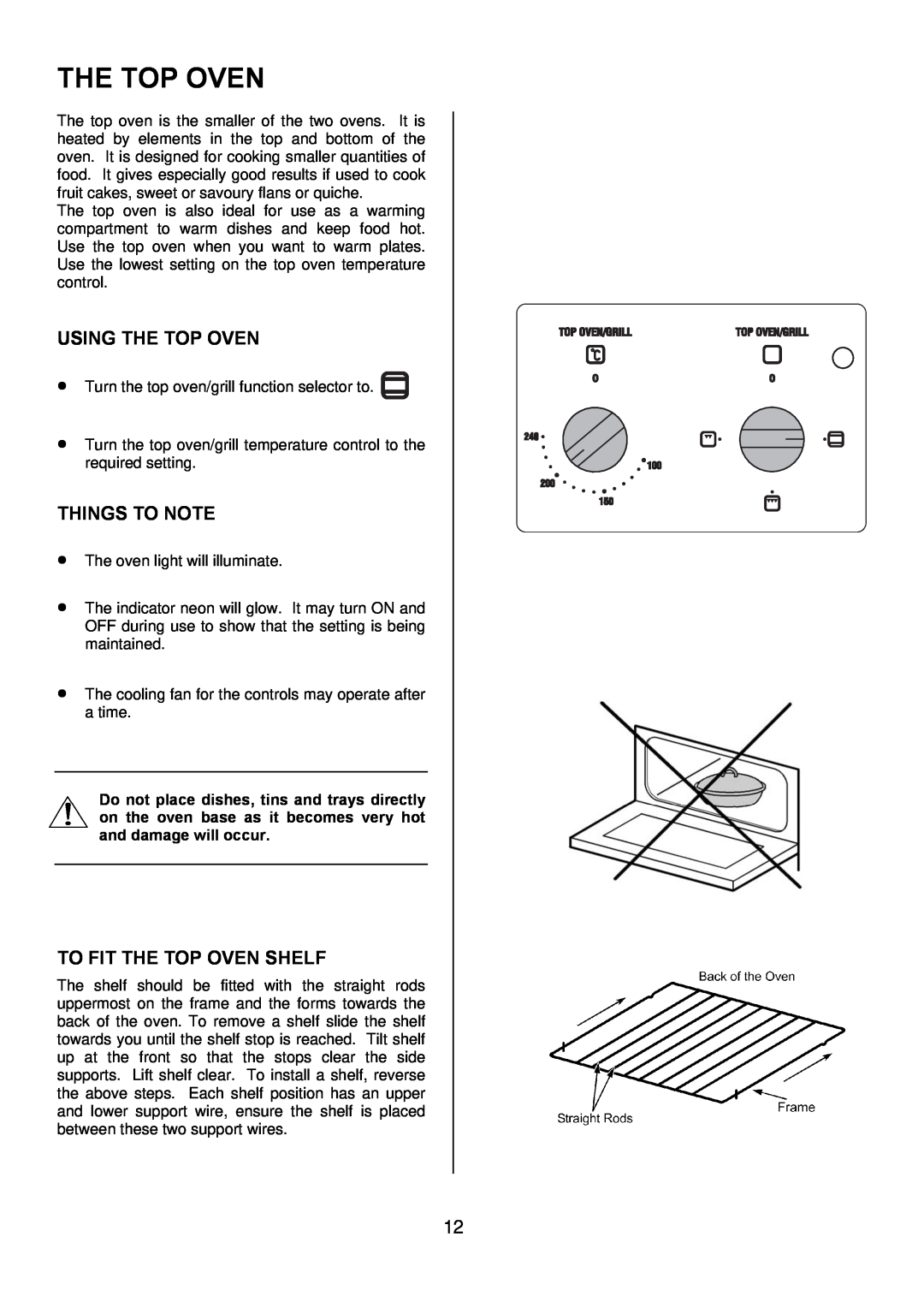 Tricity Bendix TBD950 installation instructions Using The Top Oven, To Fit The Top Oven Shelf, Things To Note 