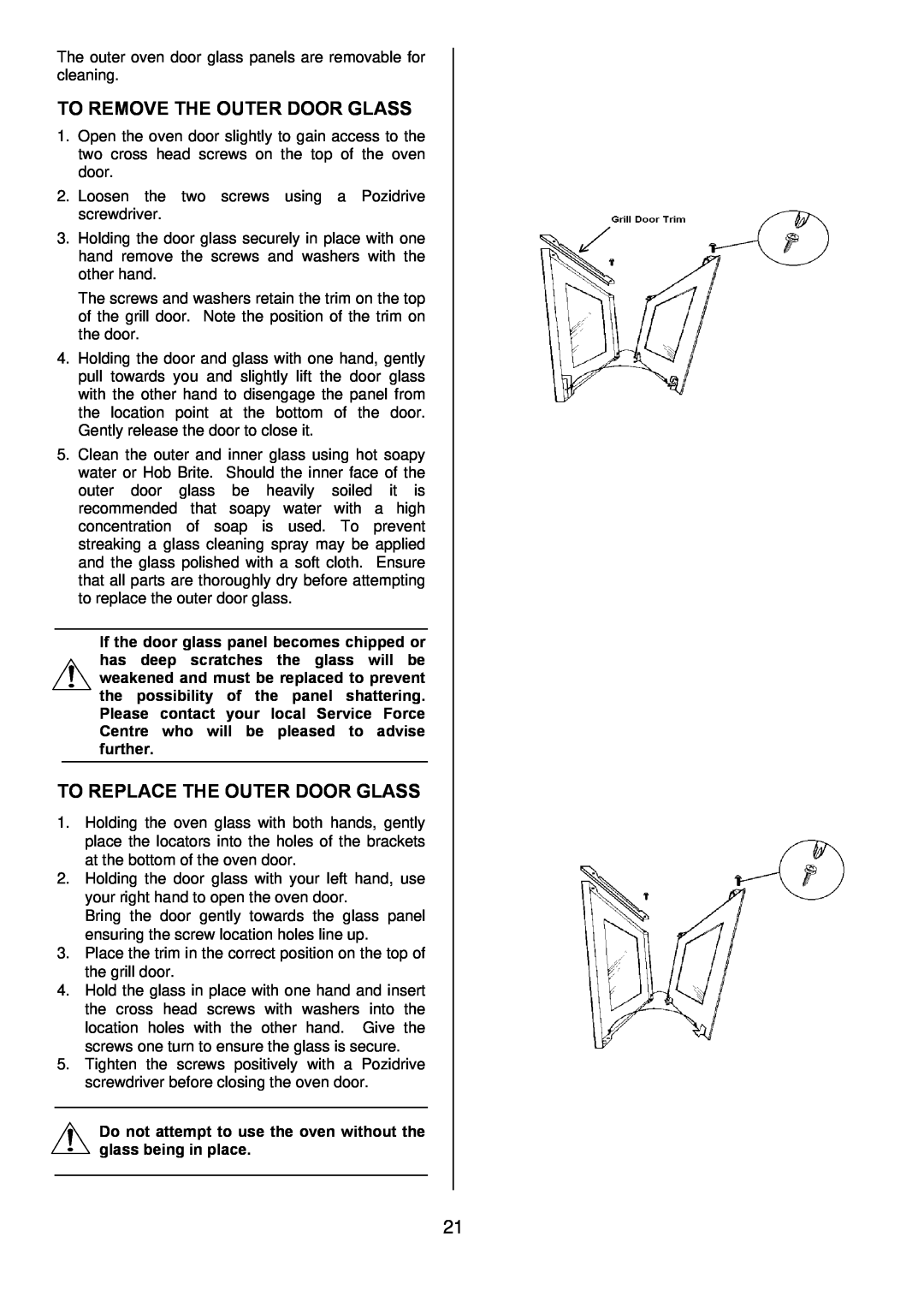 Tricity Bendix TBD950 installation instructions To Remove The Outer Door Glass, To Replace The Outer Door Glass 