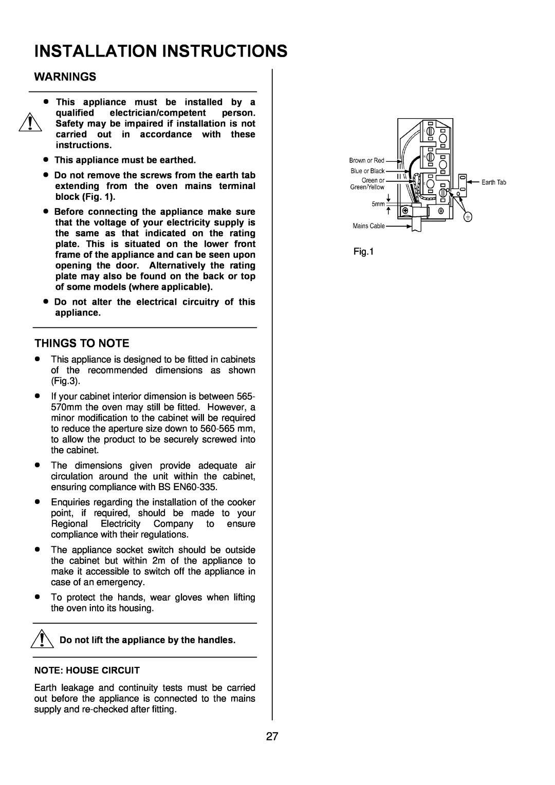 Tricity Bendix TBD950 Installation Instructions, Warnings, Things To Note, This appliance must be earthed 