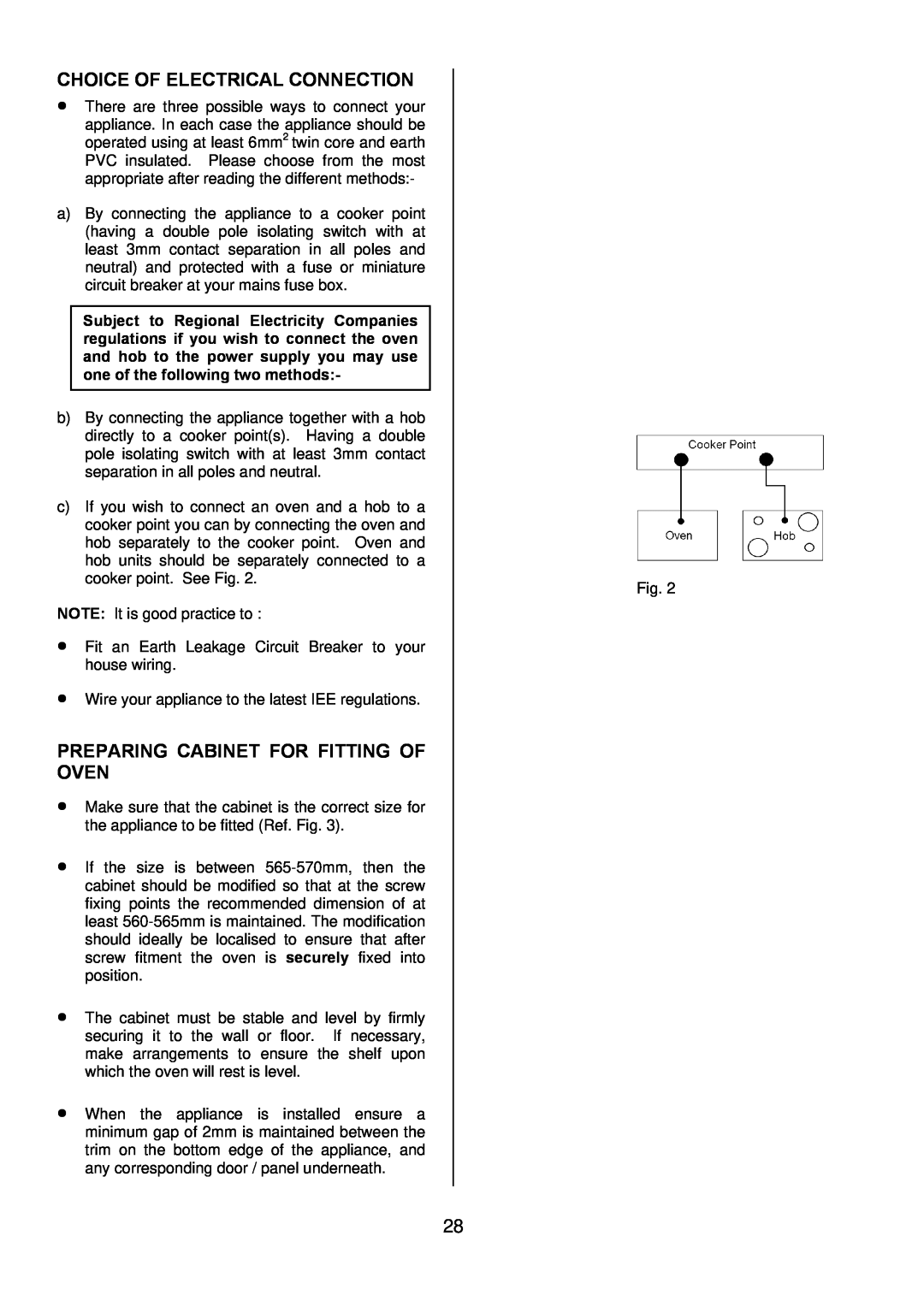 Tricity Bendix TBD950 installation instructions Choice Of Electrical Connection, Preparing Cabinet For Fitting Of Oven 