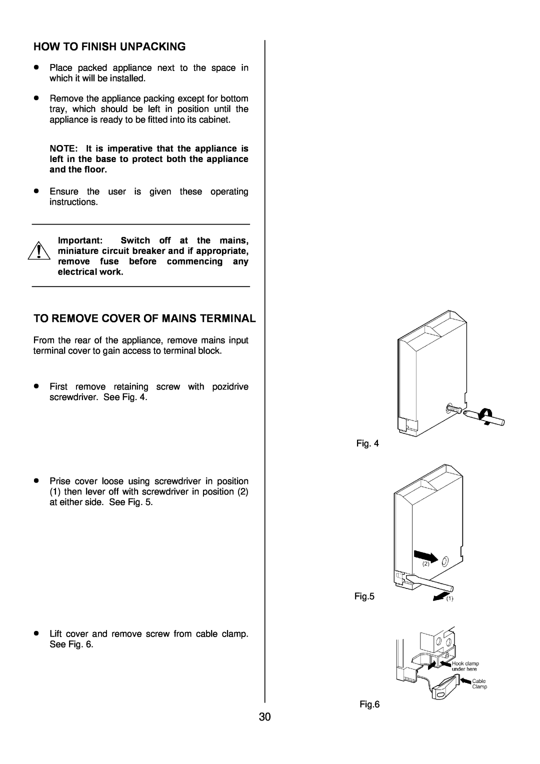 Tricity Bendix TBD950 installation instructions How To Finish Unpacking, To Remove Cover Of Mains Terminal 