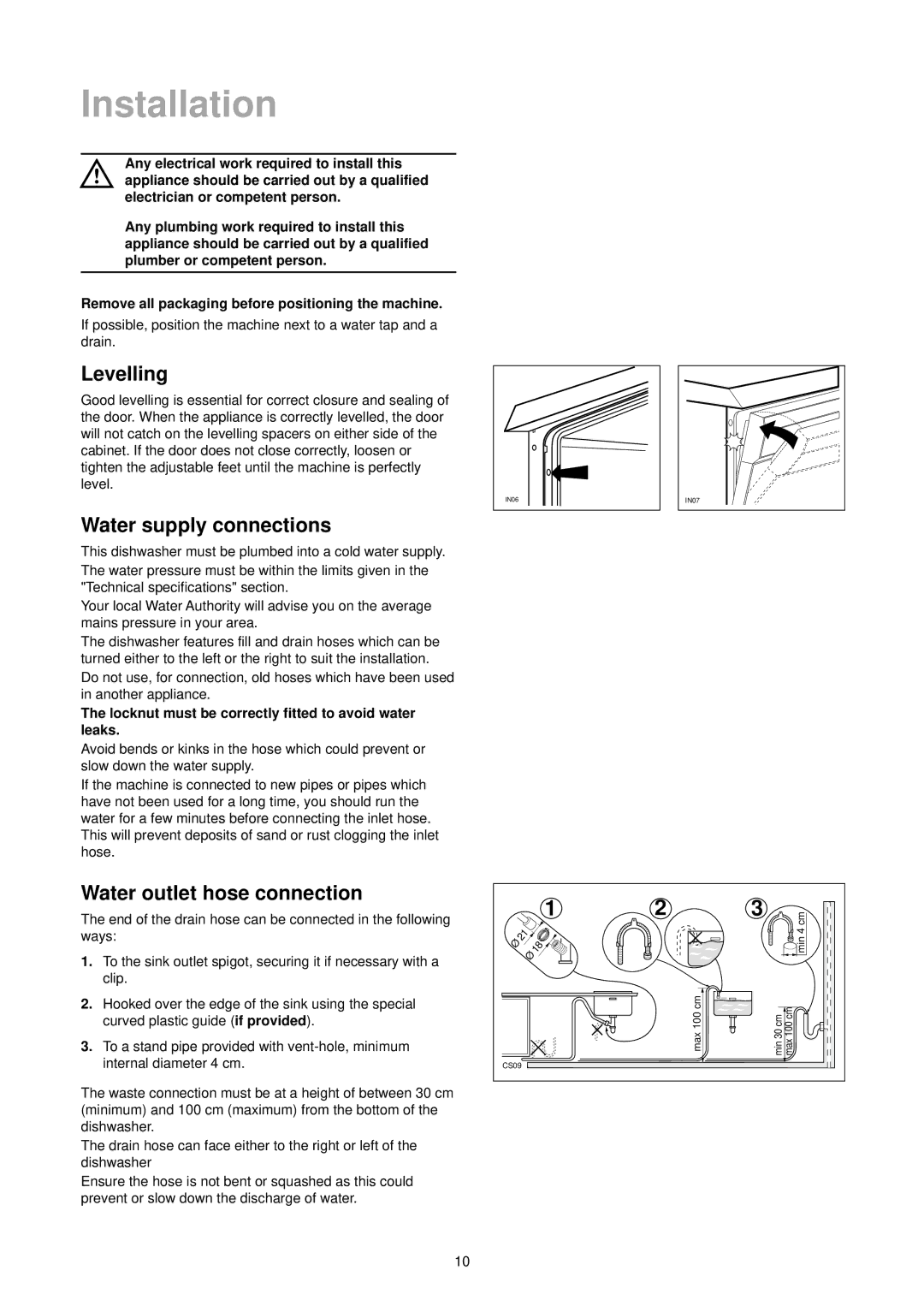 Tricity Bendix TBDW 30 manual Installation, Water supply connections, Water outlet hose connection 