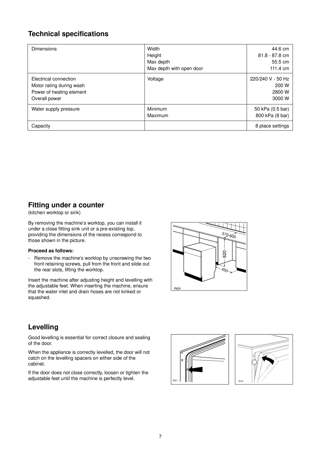 Tricity Bendix TBDW 30 manual Technical specifications, Fitting under a counter, Levelling, Proceed as follows 