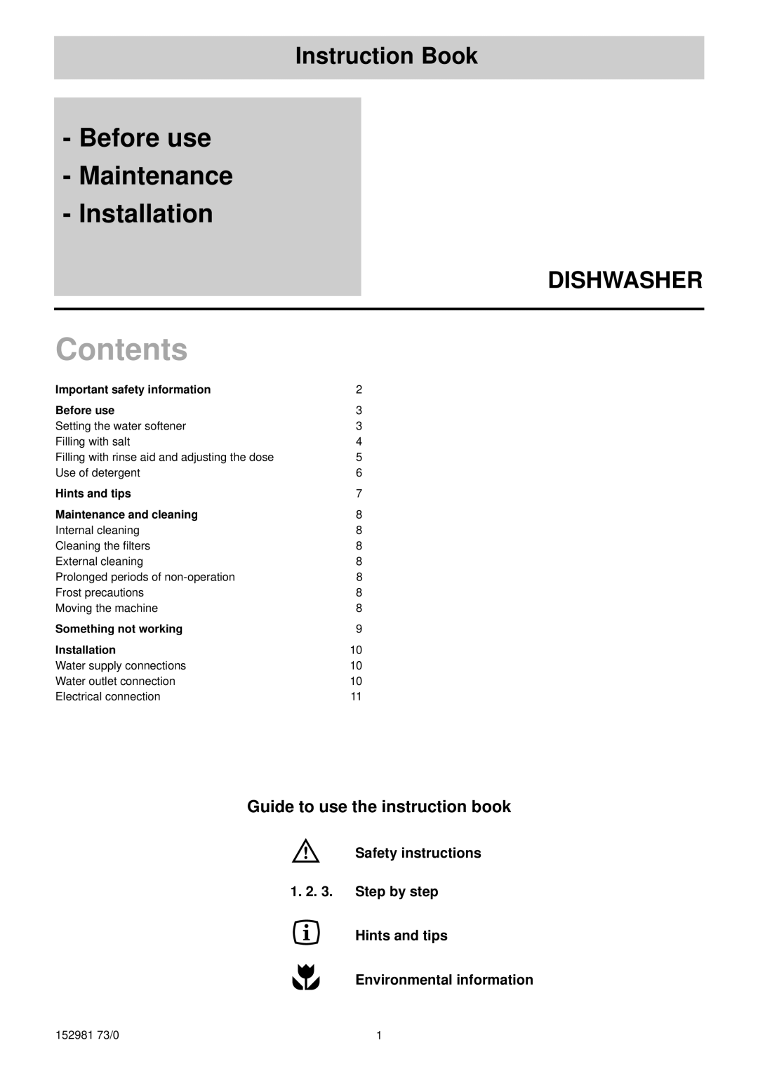 Tricity Bendix TBDW 30 manual Contents 