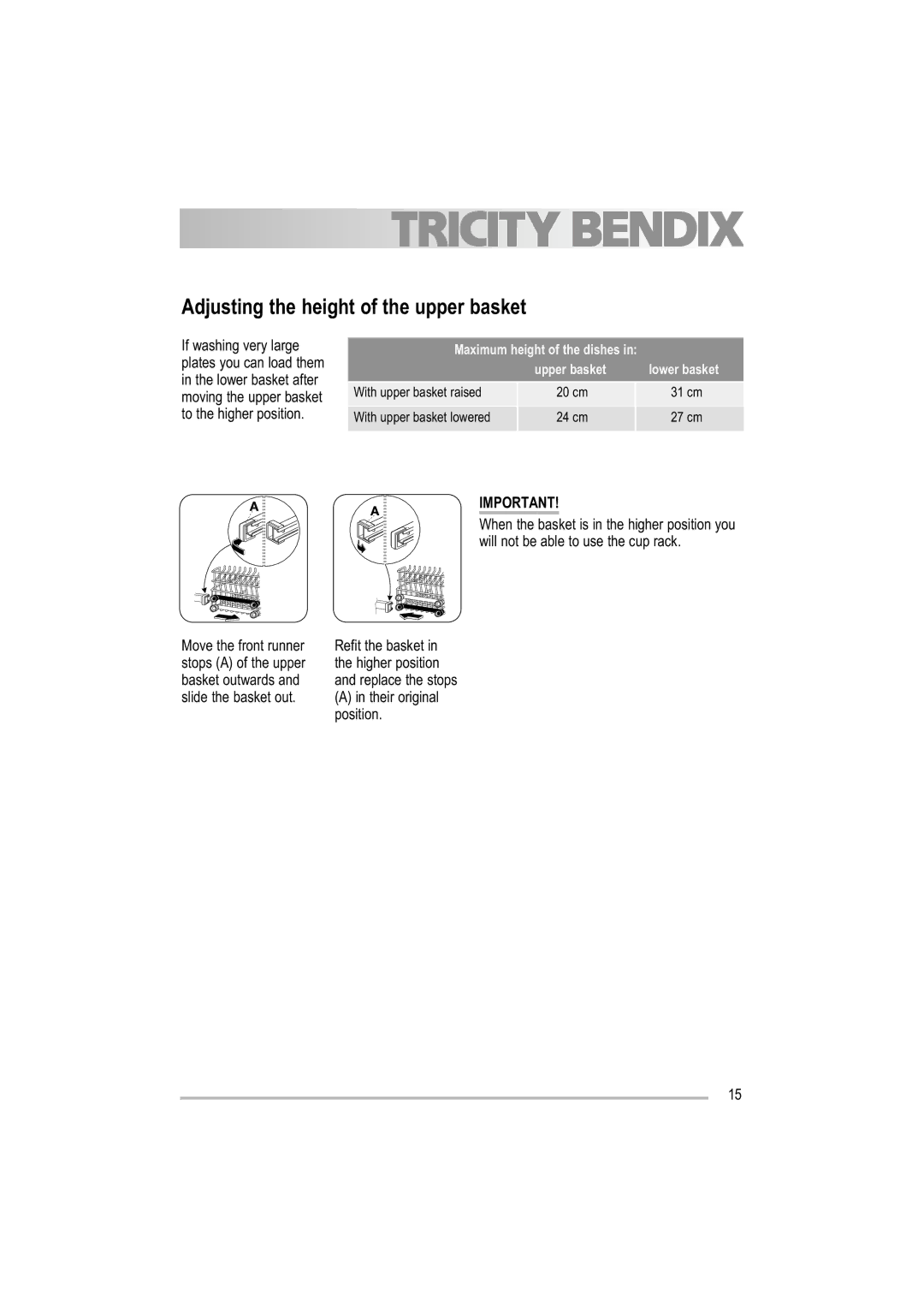 Tricity Bendix TBDW 32 manual Adjusting the height of the upper basket 