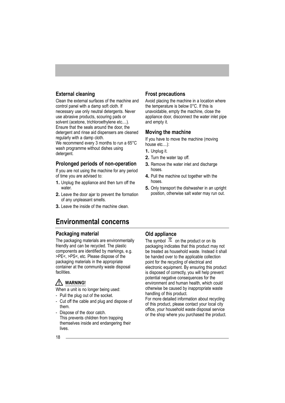 Tricity Bendix TBDW 32 manual Environmental concerns 