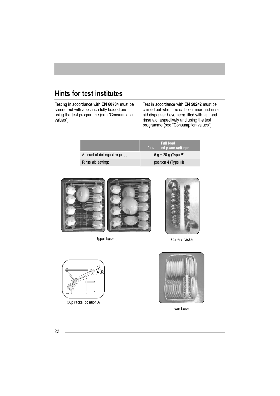 Tricity Bendix TBDW 32 manual Hints for test institutes, Standard place settings 