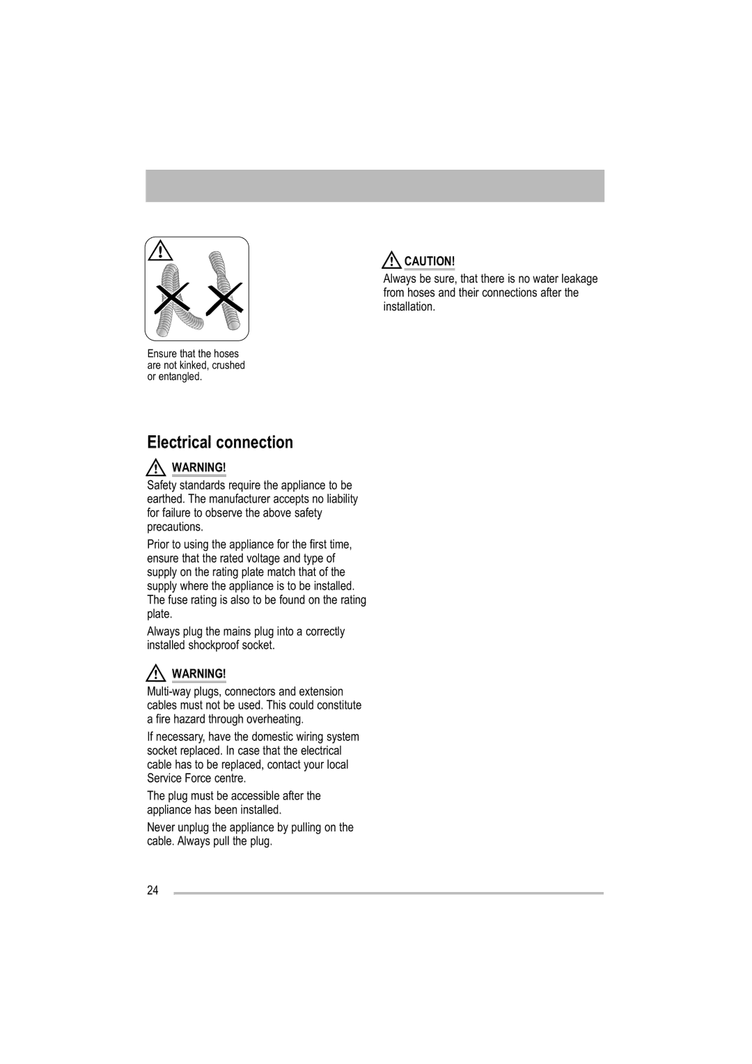 Tricity Bendix TBDW 32 manual Electrical connection 