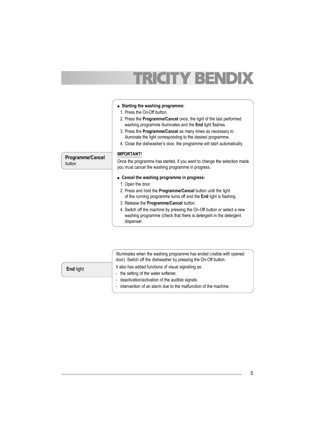 Tricity Bendix TBDW 32 manual Programme/Cancel, Starting the washing programme, Cancel the washing programme in progress 