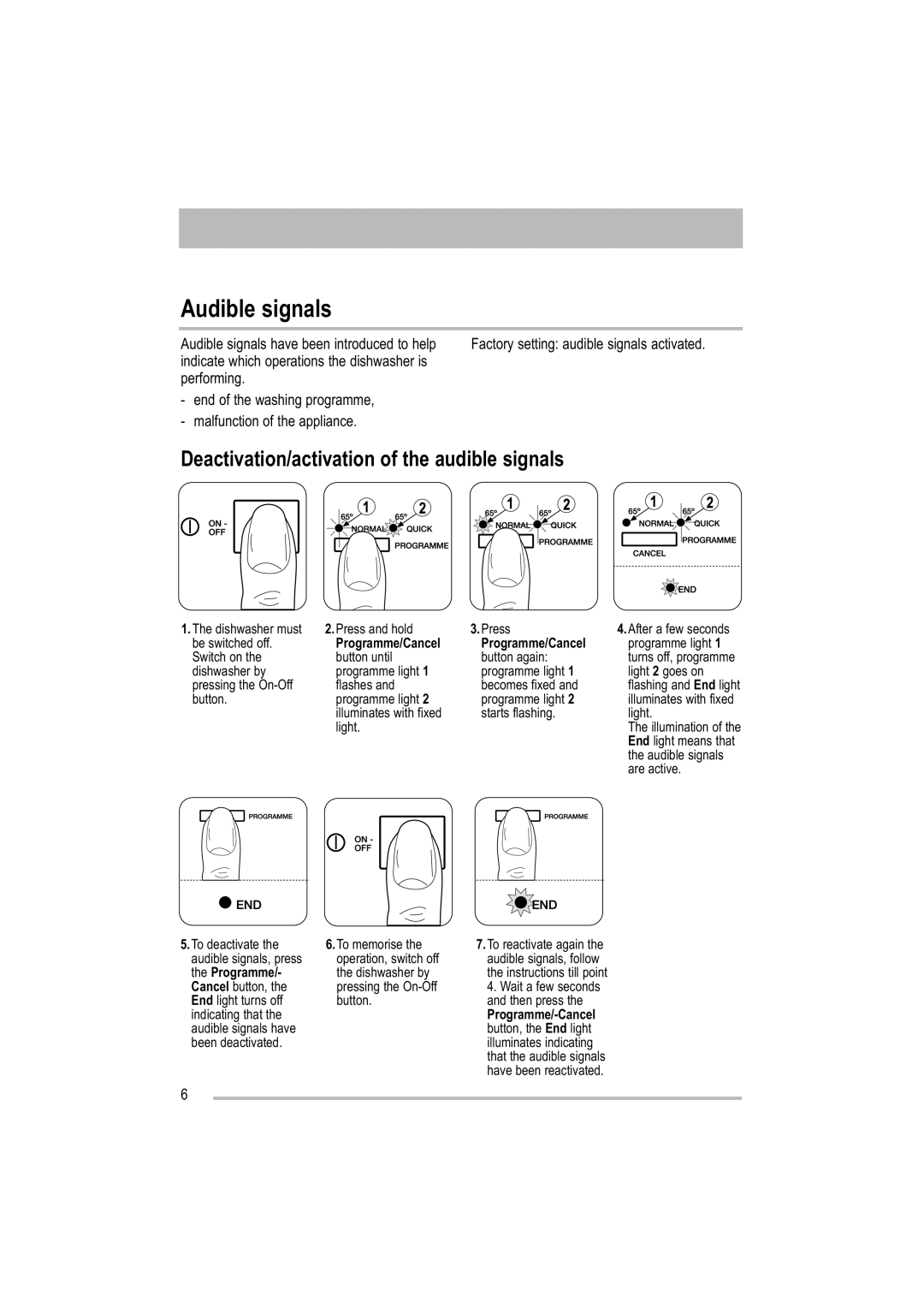 Tricity Bendix TBDW 32 manual Audible signals, Deactivation/activation of the audible signals 