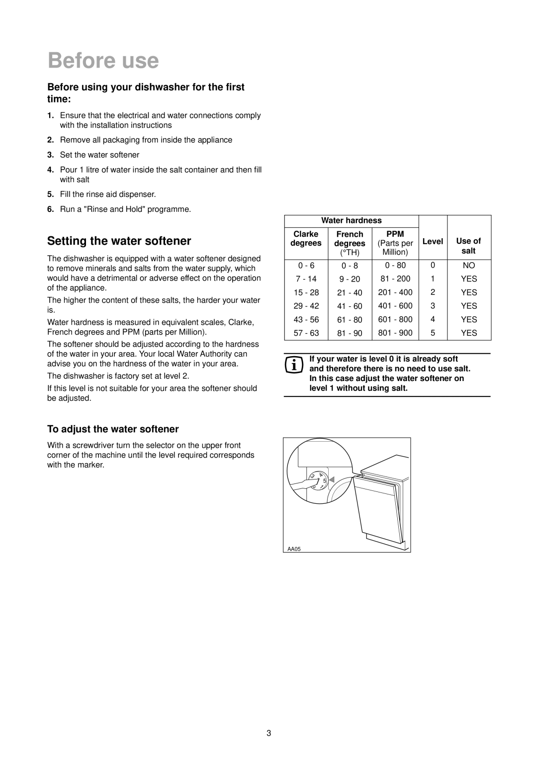 Tricity Bendix TBDW 41 manual Before use, Setting the water softener, To adjust the water softener 