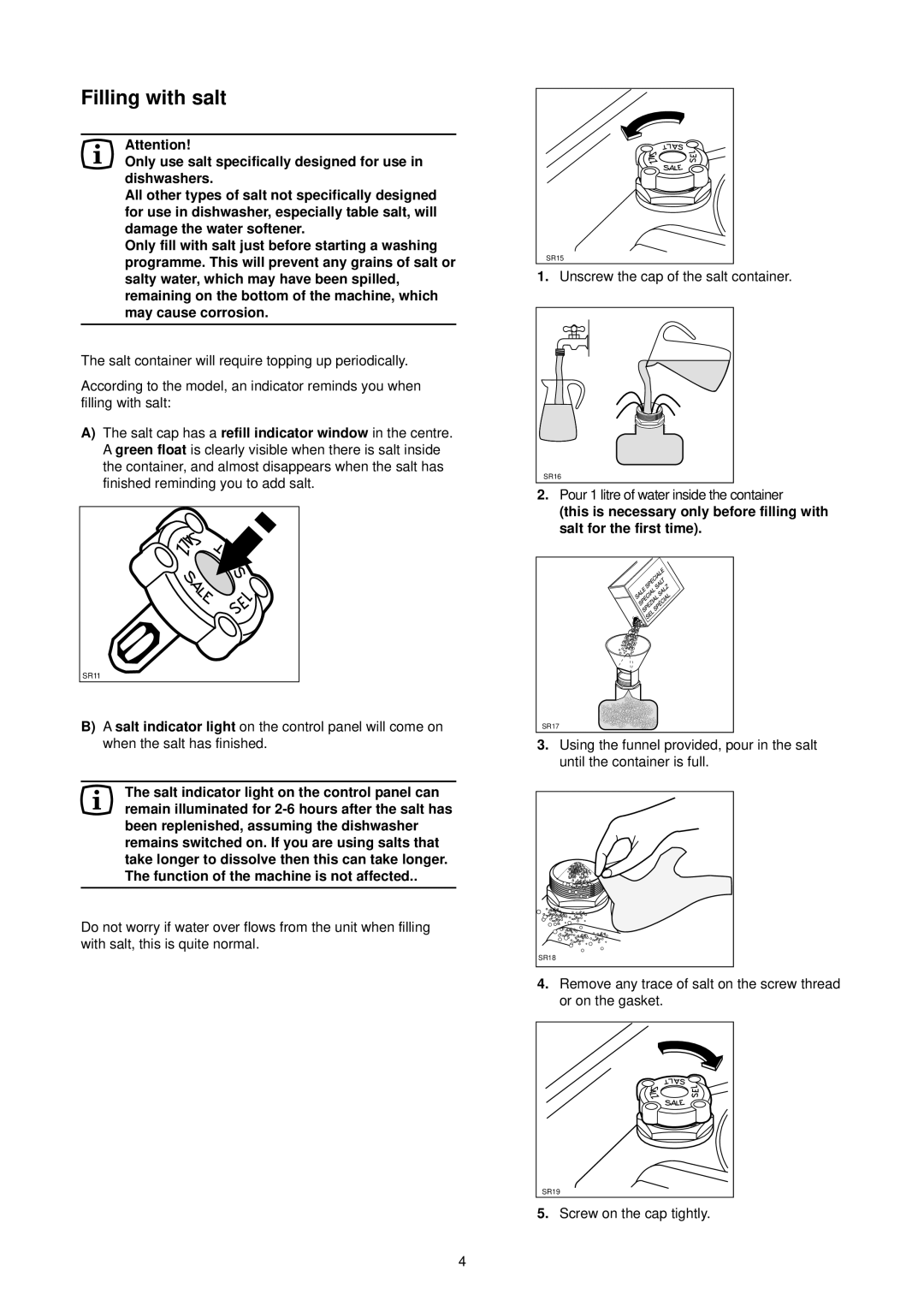 Tricity Bendix TBDW 41 manual Filling with salt, May cause corrosion, Refill indicator window, Float, Salt indicator light 