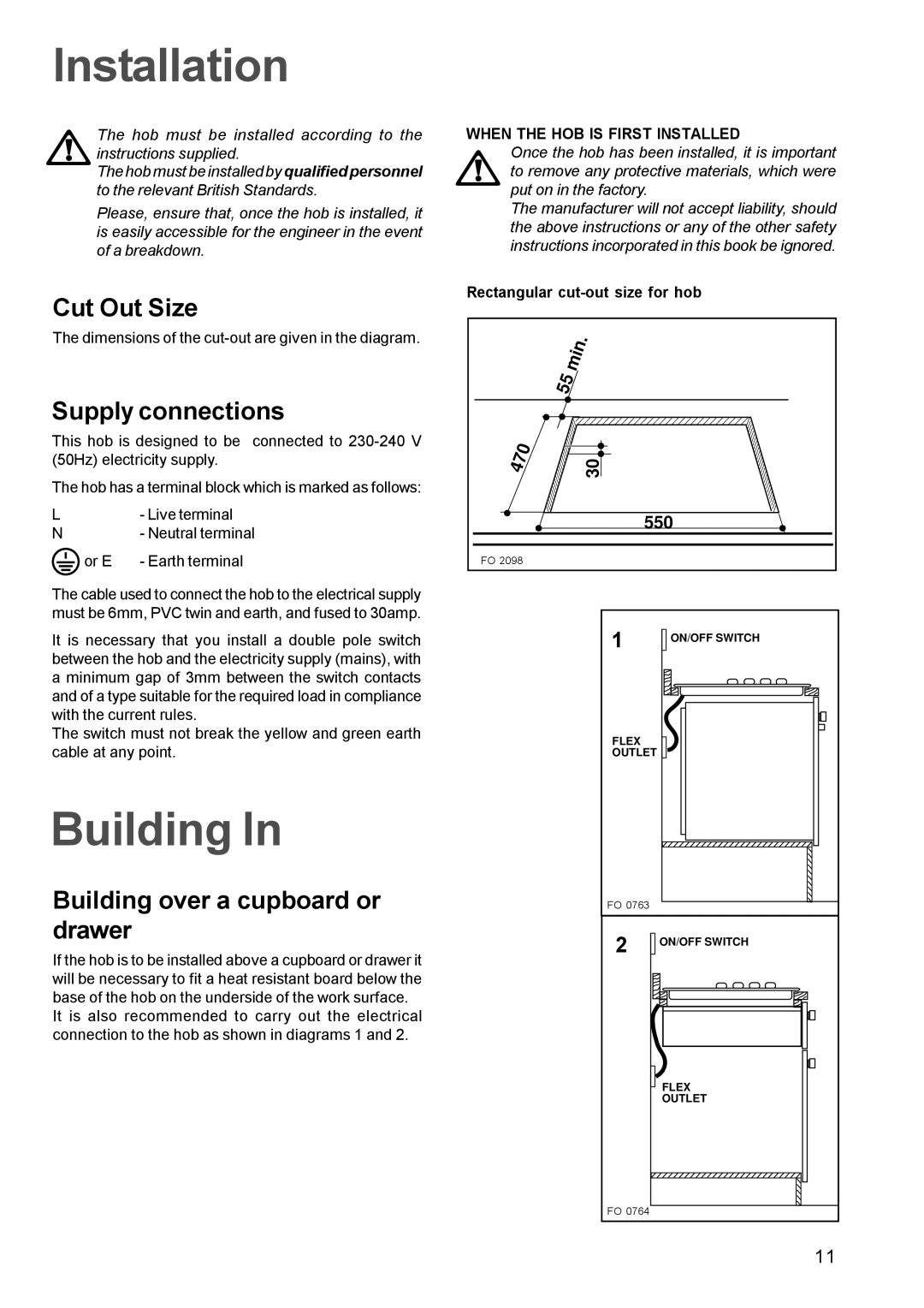 Tricity Bendix TBE 635 manual Installation, Cut Out Size, Supply connections, Building over a cupboard or drawer 