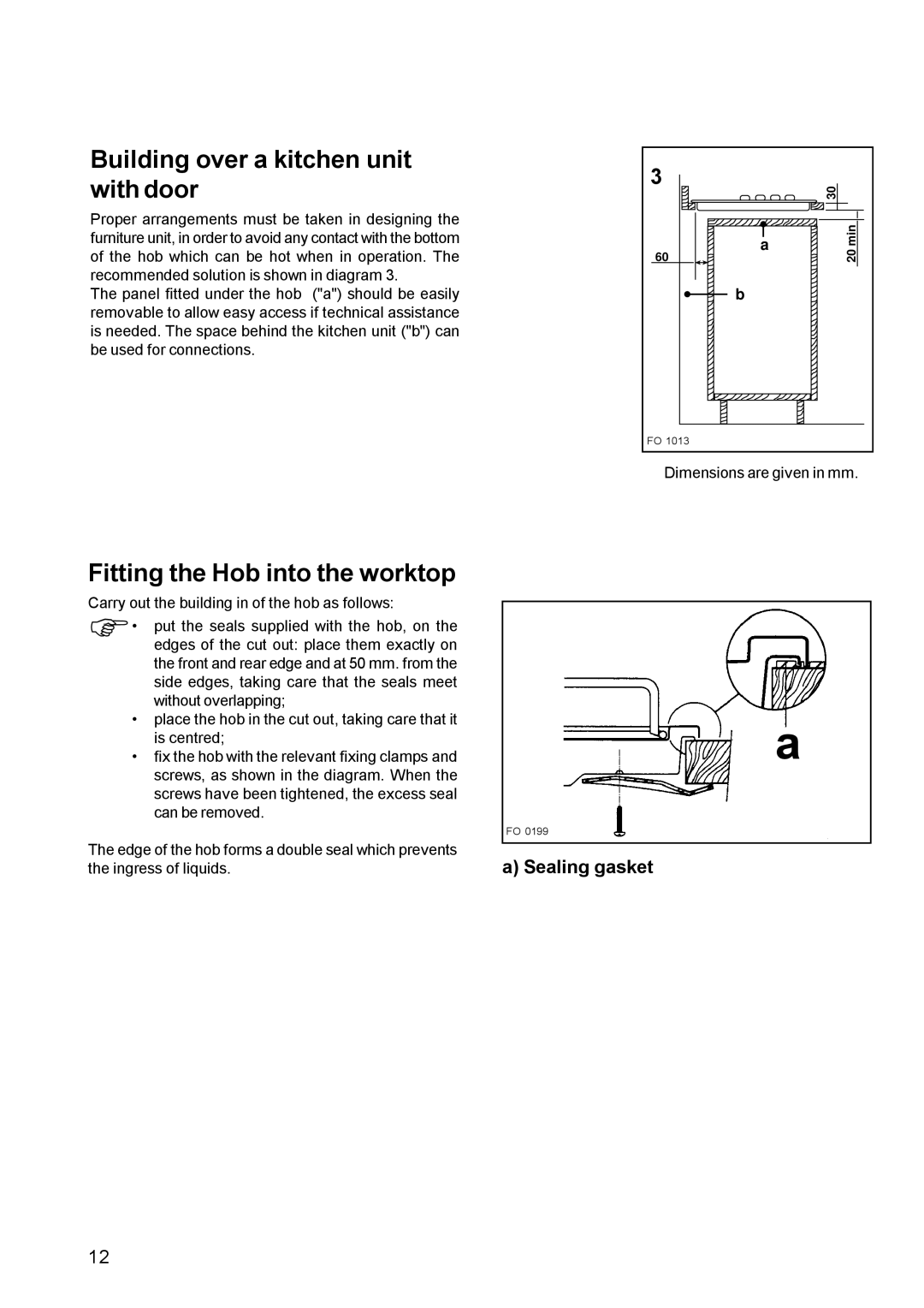 Tricity Bendix TBE 635 manual Building over a kitchen unit with door, Fitting the Hob into the worktop 