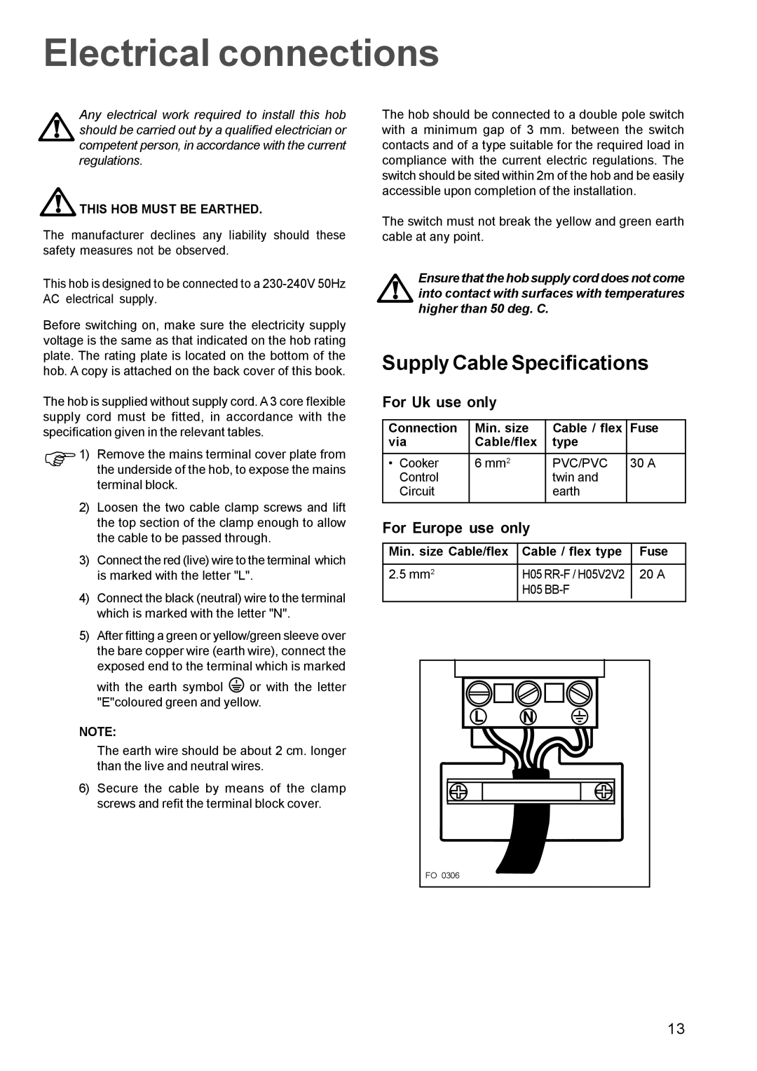 Tricity Bendix TBE 635 manual Electrical connections, Supply Cable Specifications 