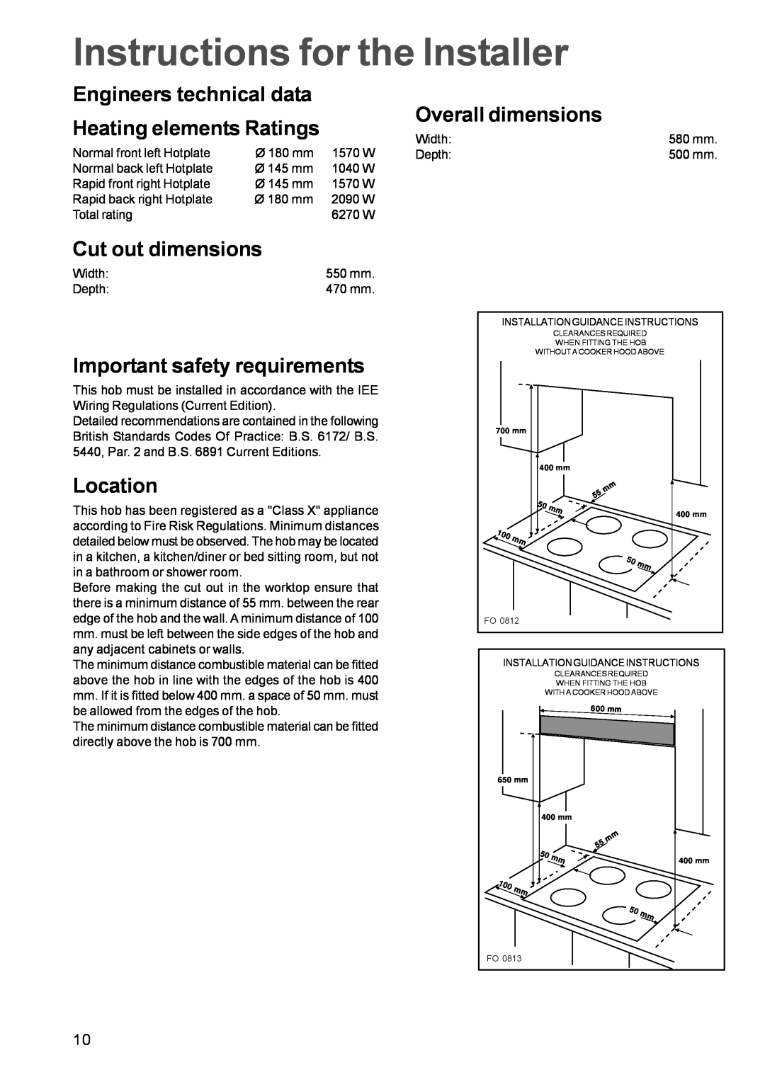 Tricity Bendix TBE 635 manual Instructions for the Installer, Engineers technical data, Heating elements Ratings, Location 