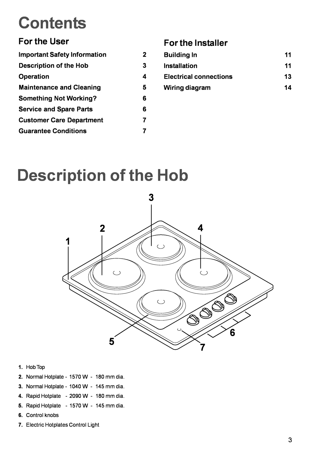 Tricity Bendix TBE 635 manual Contents, Description of the Hob, For the User, For the Installer 