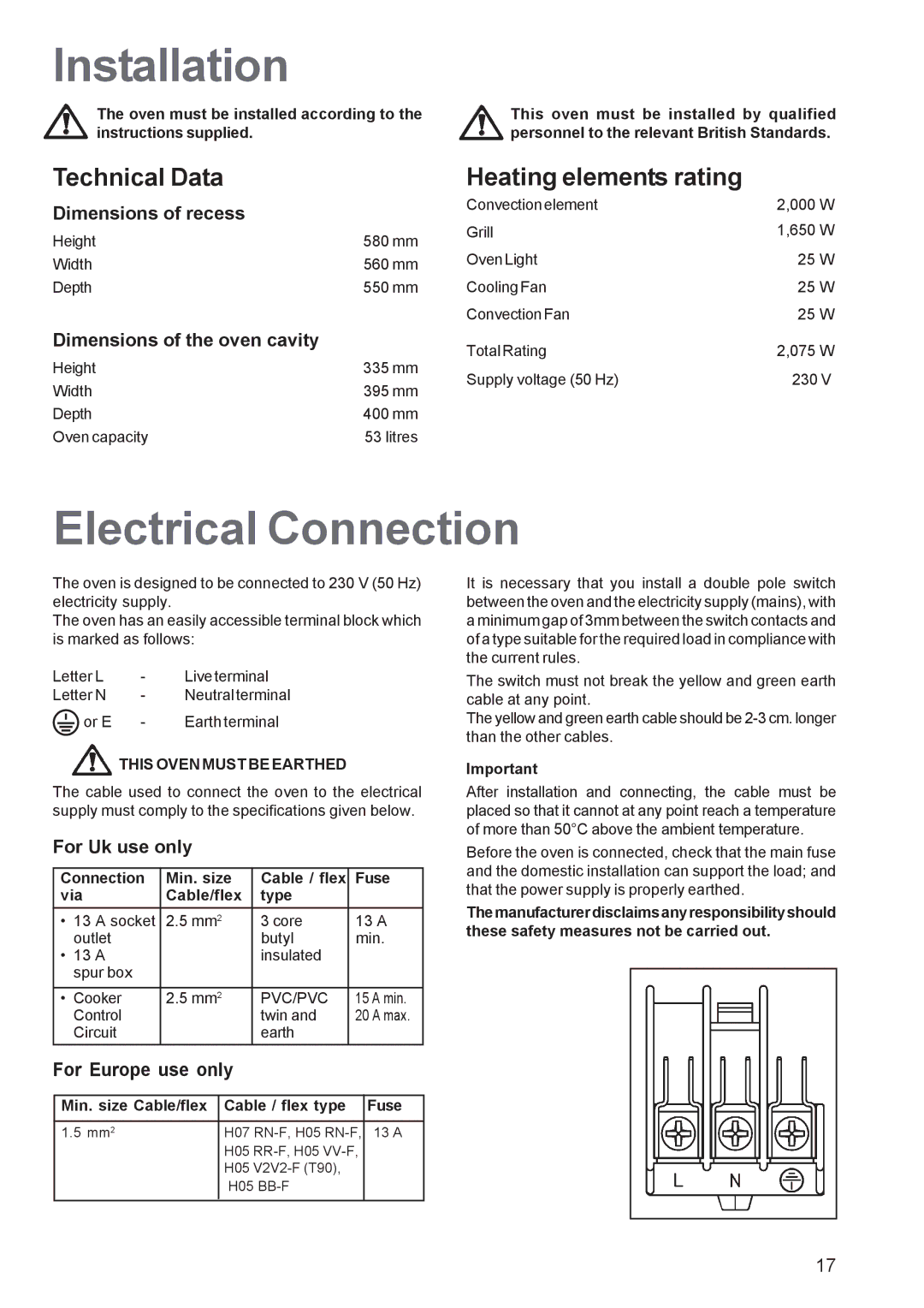 Tricity Bendix TBF 610 manual Installation, Electrical Connection, Technical Data Heating elements rating 