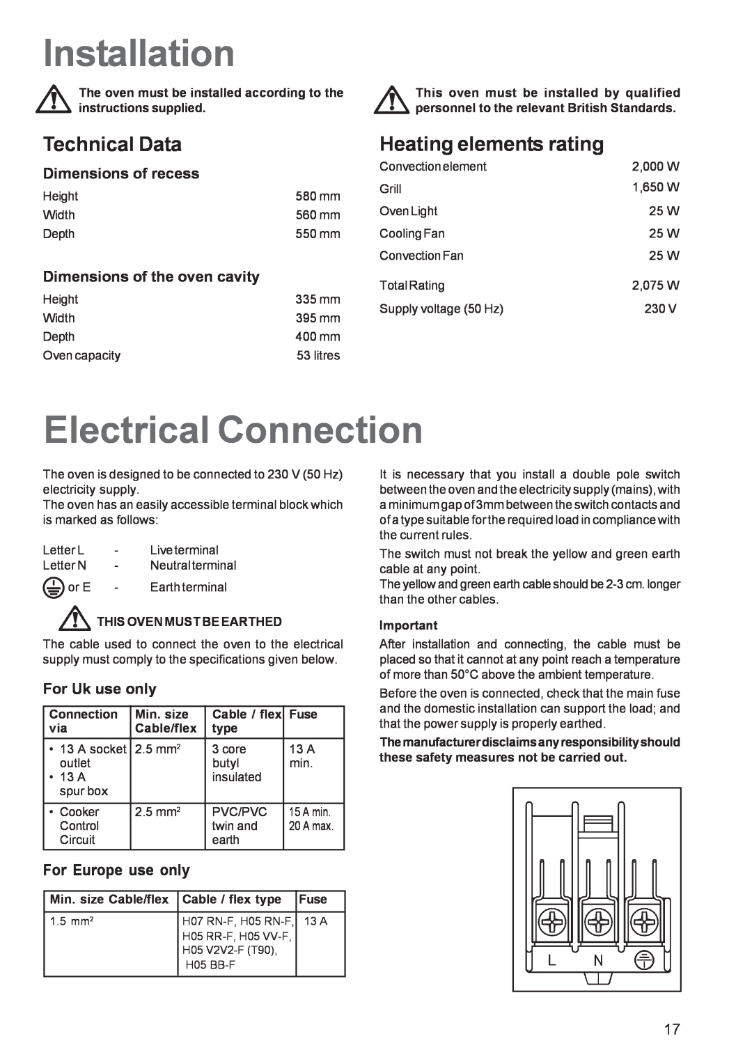 Tricity Bendix TBF 610 Installation, Electrical Connection, Technical Data, Heating elements rating, Dimensions of recess 