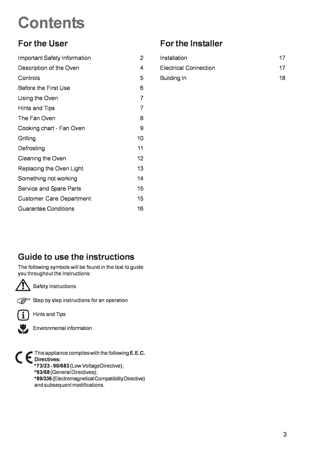 Tricity Bendix TBF 610 manual Contents, For the User, For the Installer, Guide to use the instructions 