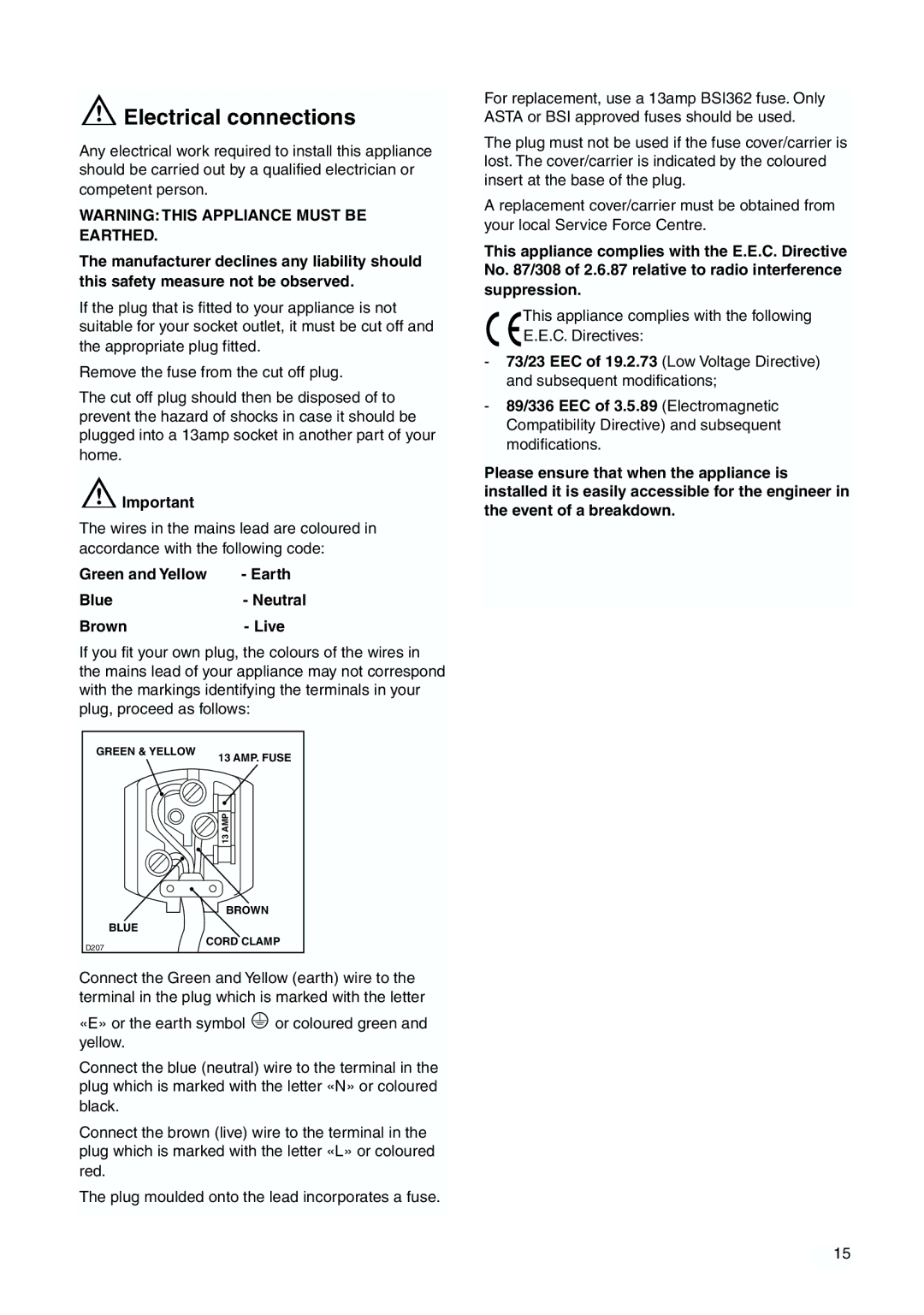 Tricity Bendix TBFF 55 installation instructions Electrical connections, Green and Yellow Earth Blue- Neutral Brown- Live 