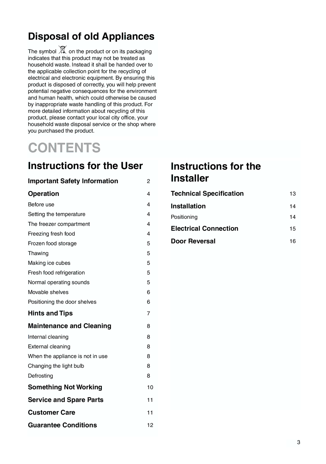 Tricity Bendix TBFF 55 installation instructions Contents 