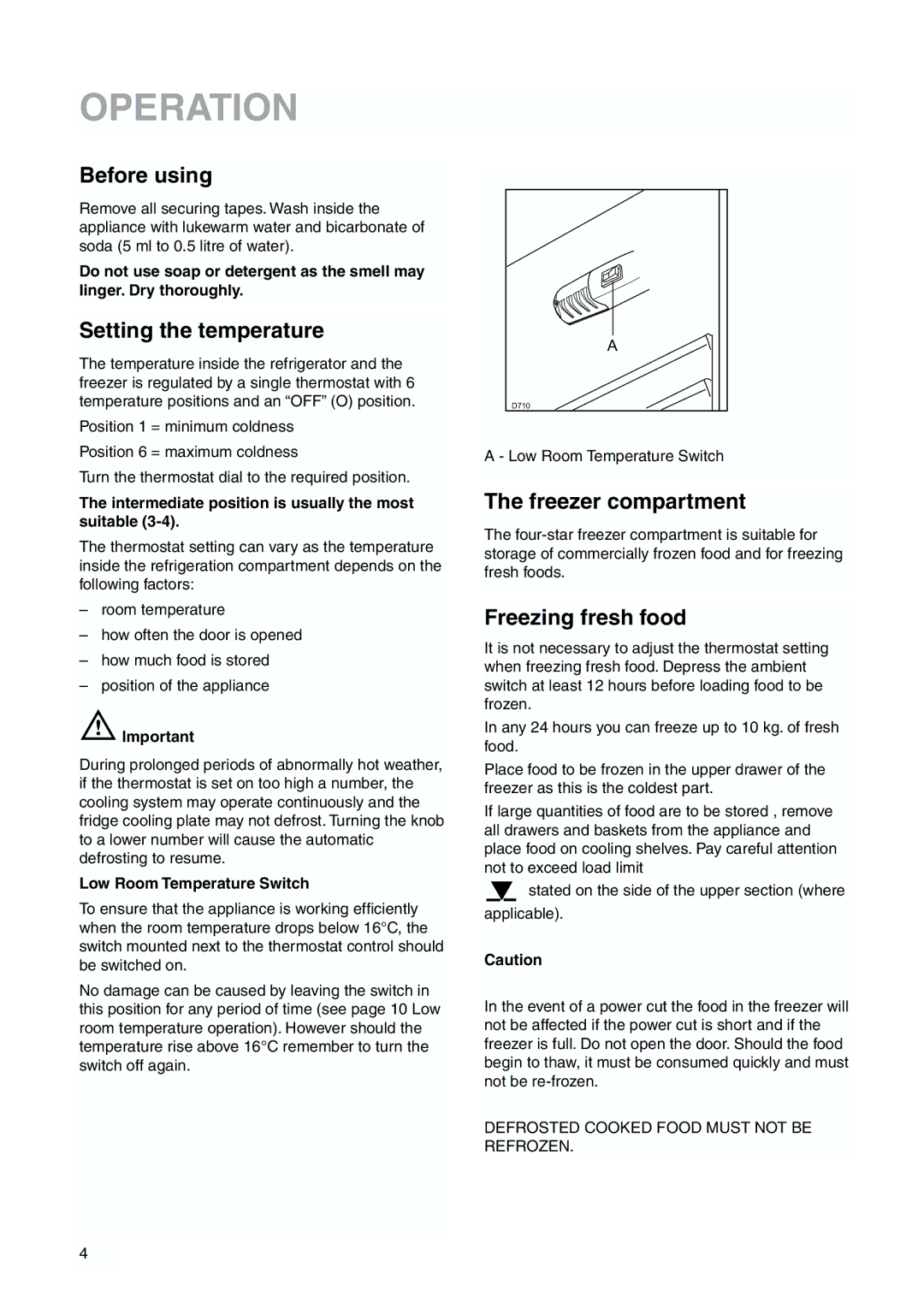 Tricity Bendix TBFF 55 Operation, Before using, Setting the temperature, Freezer compartment, Freezing fresh food 