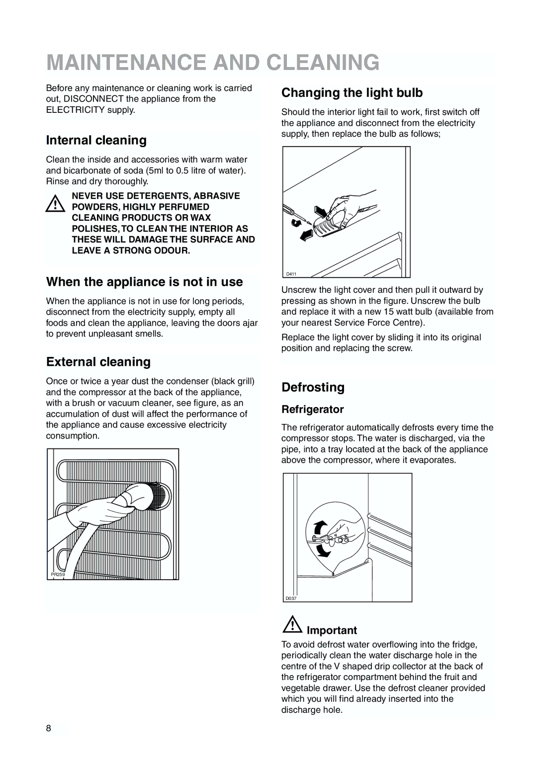 Tricity Bendix TBFF 55 installation instructions Maintenance and Cleaning 