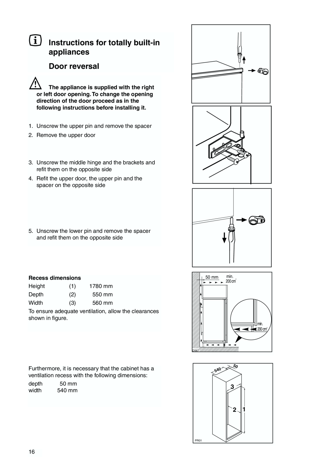 Tricity Bendix TBFF 55 Instructions for totally built-in appliances Door reversal, Recess dimensions 