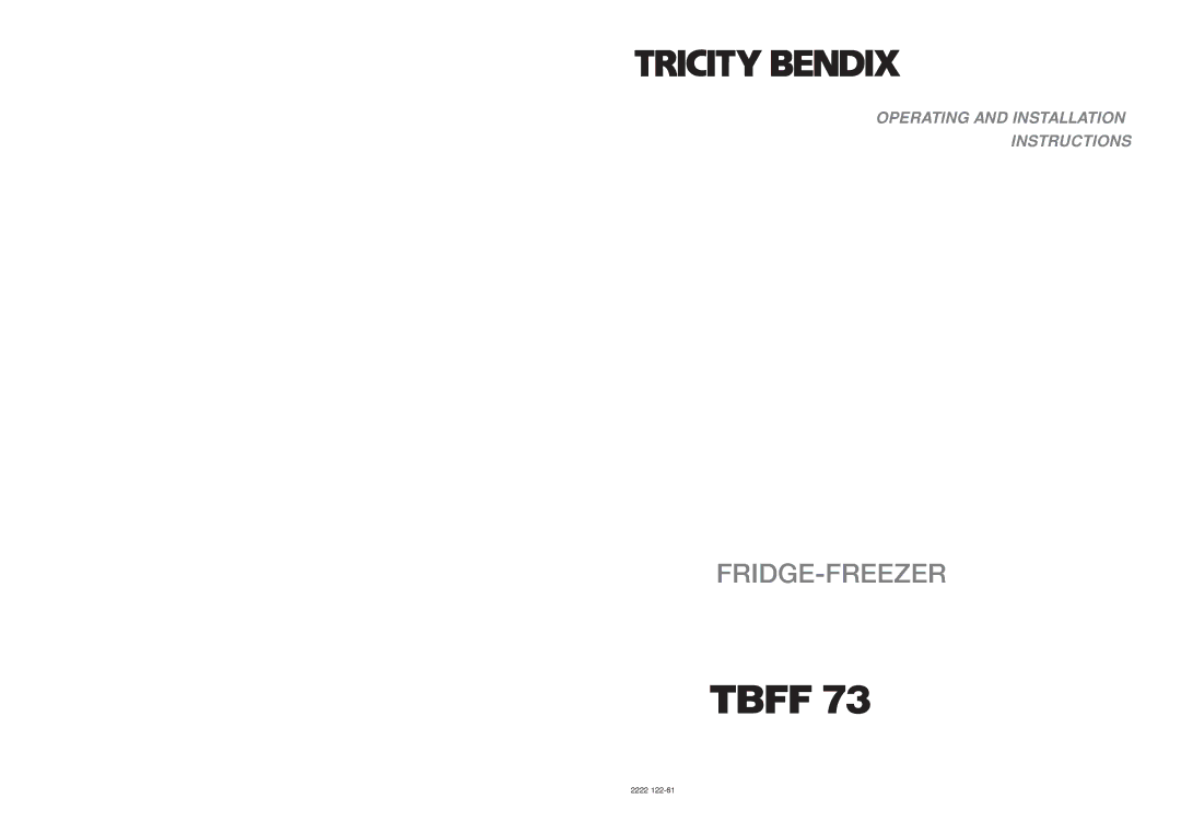 Tricity Bendix TBFF 73 installation instructions Tbff 