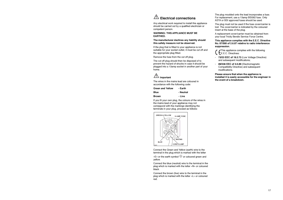 Tricity Bendix TBFF 73 installation instructions Electrical connections, Green and Yellow Earth Blue- Neutral Brown- Live 