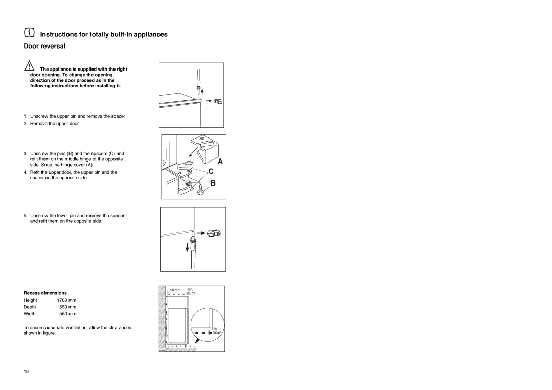 Tricity Bendix TBFF 73 Instructions for totally built-in appliances Door reversal, Recess dimensions 