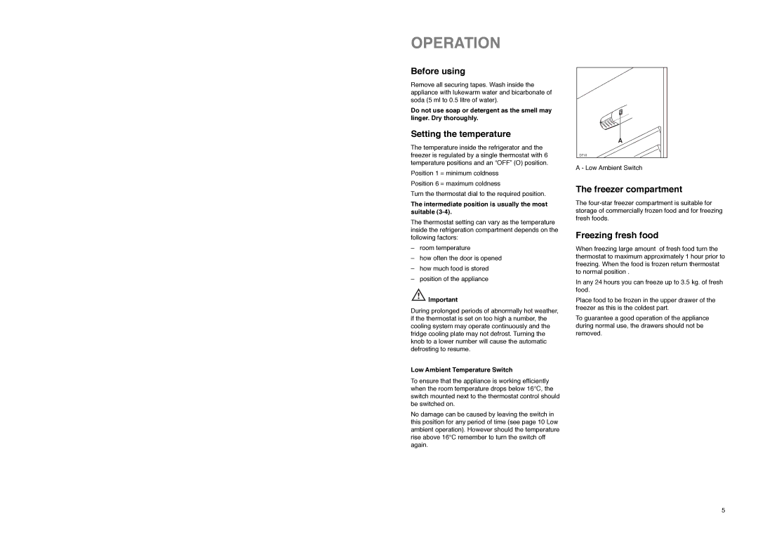 Tricity Bendix TBFF 73 Operation, Before using, Setting the temperature, Freezer compartment, Freezing fresh food 