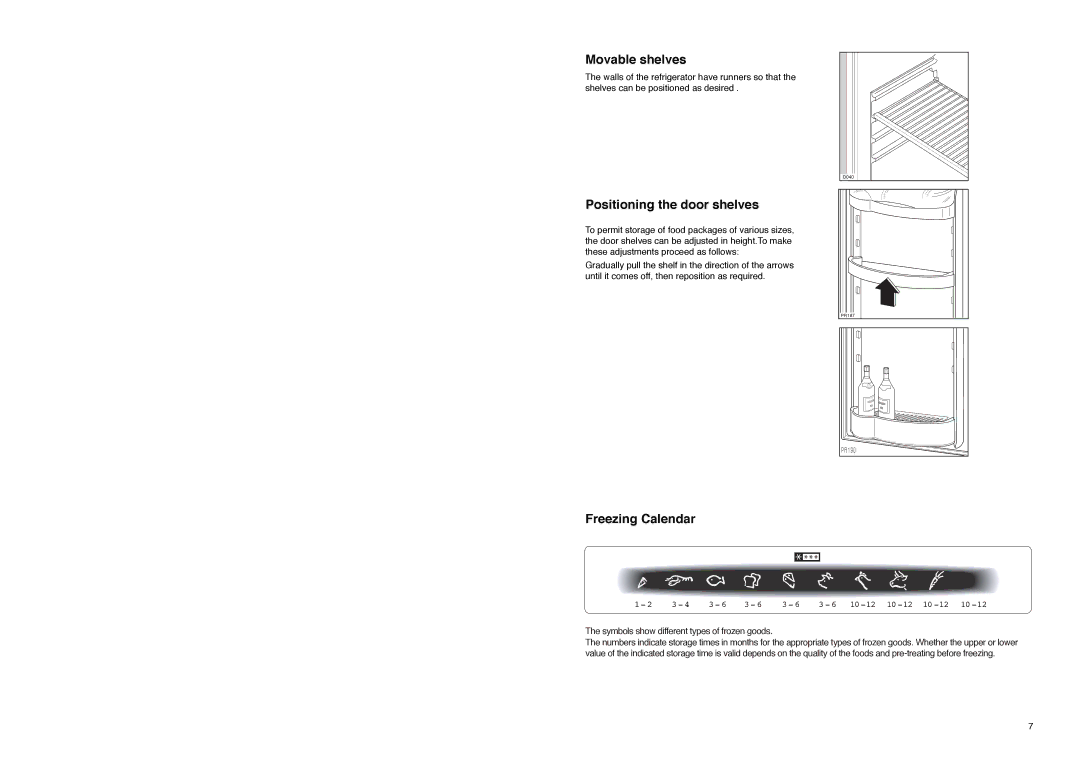 Tricity Bendix TBFF 73 installation instructions Movable shelves, Positioning the door shelves, Freezing Calendar 