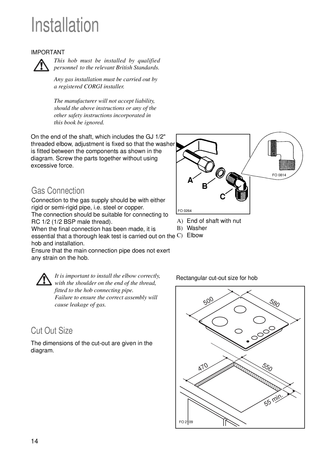 Tricity Bendix TBG 640 manual Installation, Gas Connection, Cut Out Size, Rectangular cut-out size for hob 