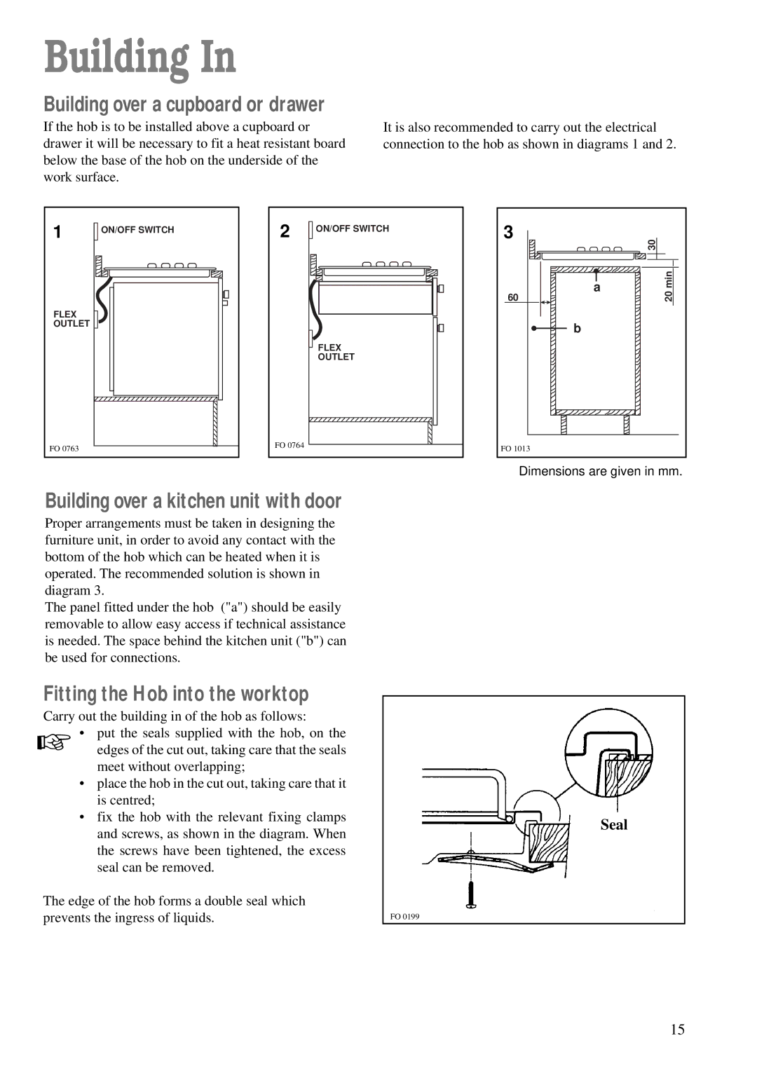 Tricity Bendix TBG 640 manual Building over a kitchen unit with door, Fitting the Hob into the worktop 