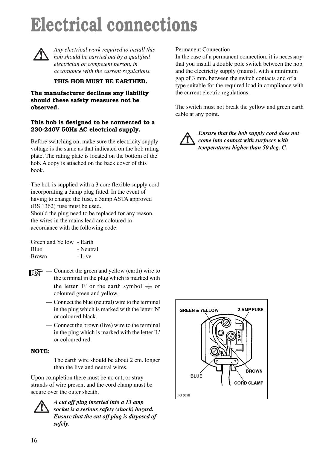 Tricity Bendix TBG 640 manual Electrical connections, This HOB Must be Earthed 