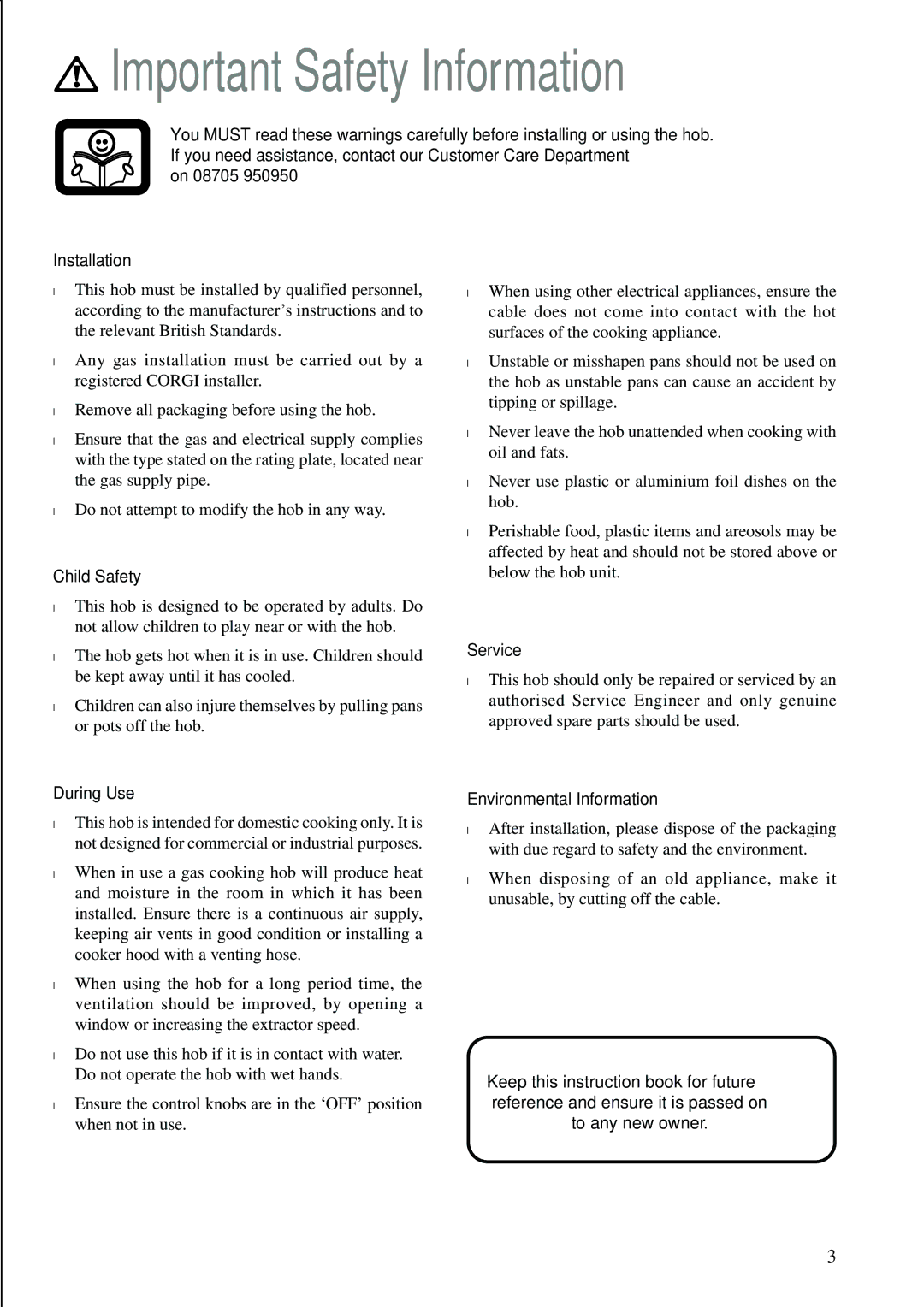 Tricity Bendix TBG 640 manual Important Safety Information, Child Safety, During Use, Service, Environmental Information 