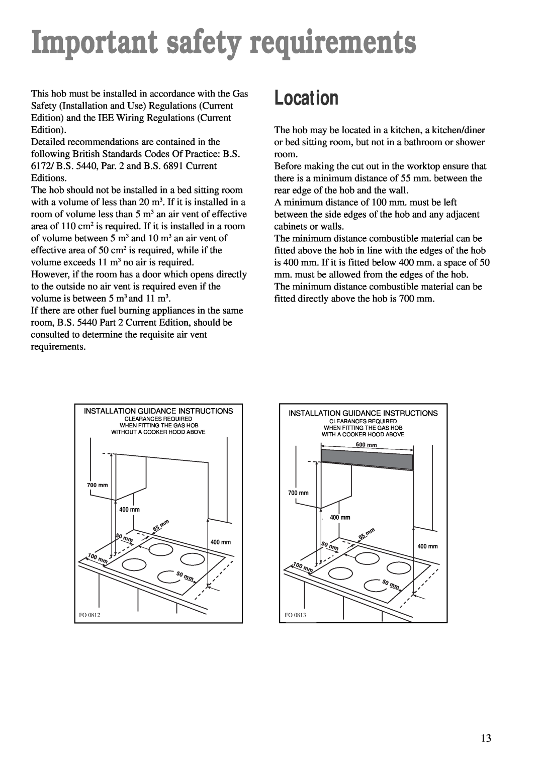 Tricity Bendix TBG 640 manual Important safety requirements, Location 