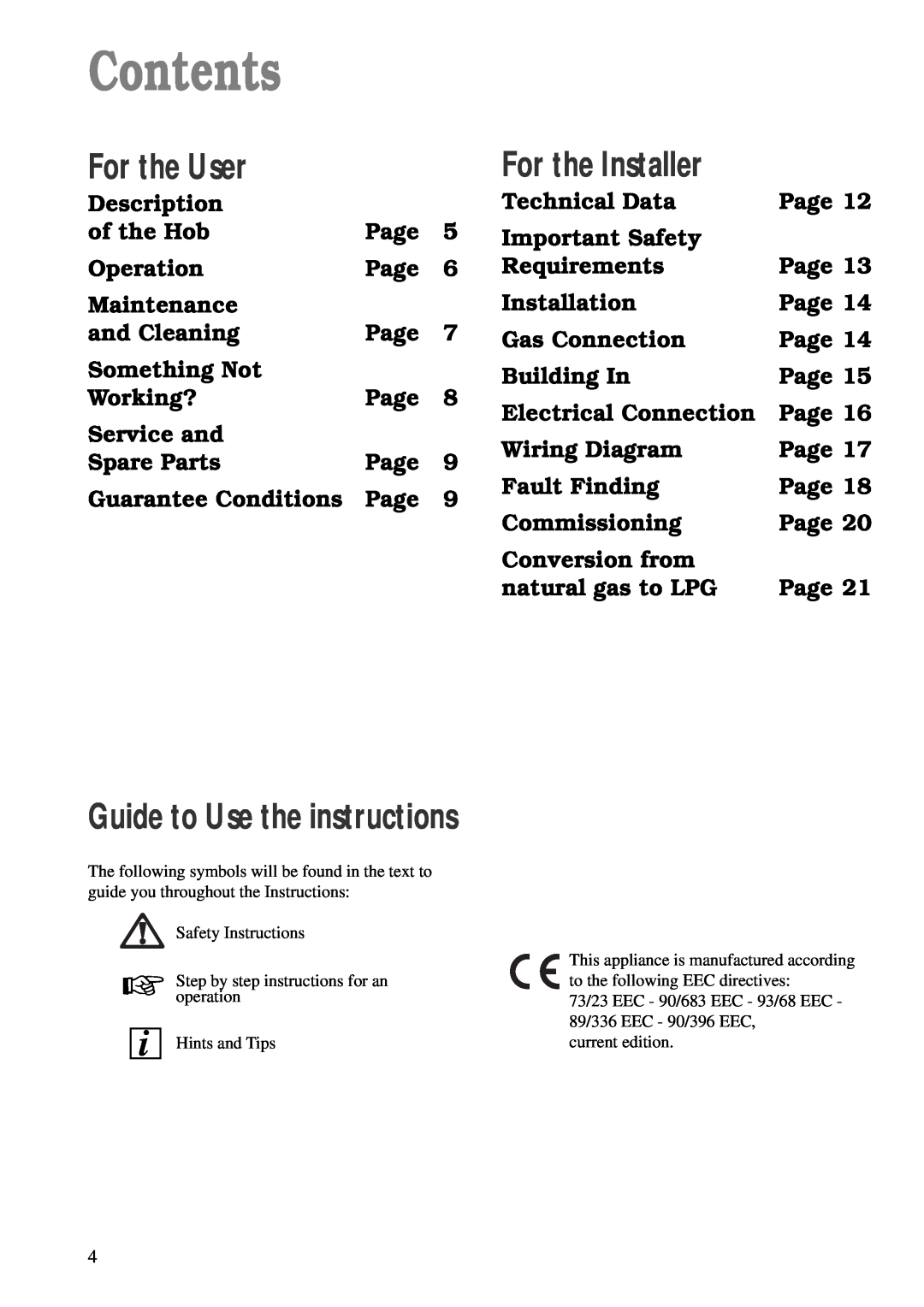 Tricity Bendix TBG 640 manual Contents, For the User, For the Installer, Guide to Use the instructions 